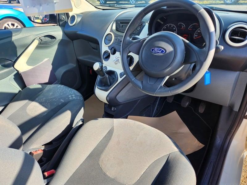The front seats, steering wheel, and controls of a right-hand drive Ford Ka Edge White Edition, from the right