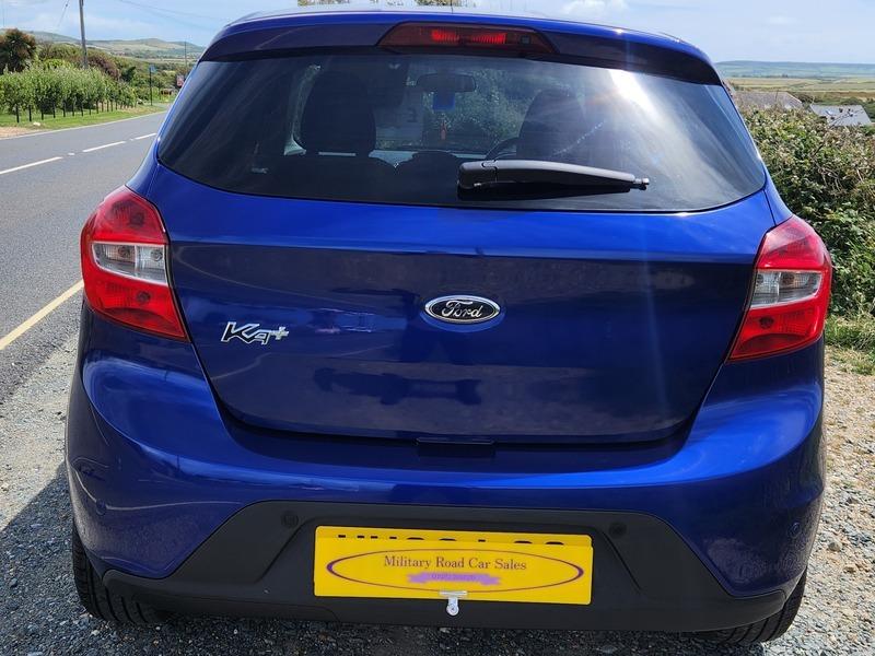 A blue Ford Ka viewed from the back