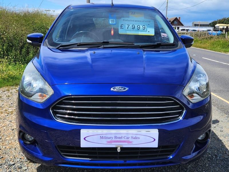 A blue Ford Ka viewed from the front