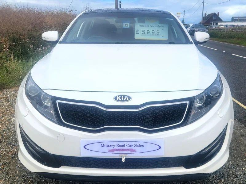A white Kia Optima viewed from the front