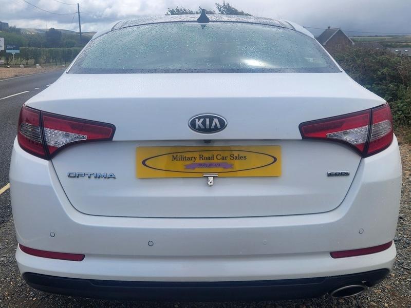A white Kia Optima viewed from the back