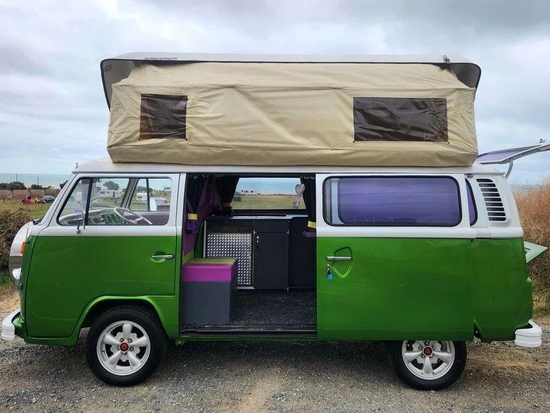 A Volkswagen Camper Van viewed from the passenger side